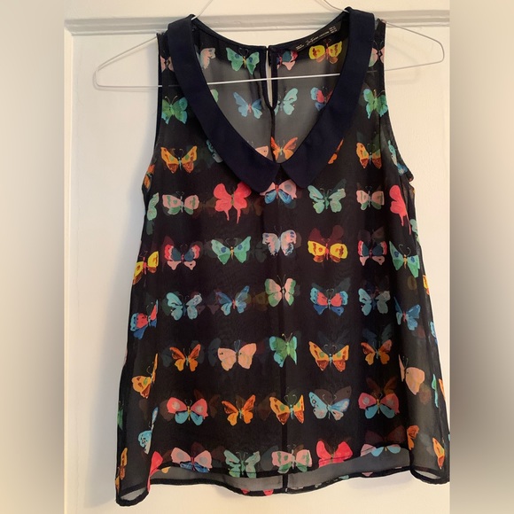 Zara - Sheer Navy Butterfly 🦋 sleeveless v-neck collar top - small - Picture 3 of 5